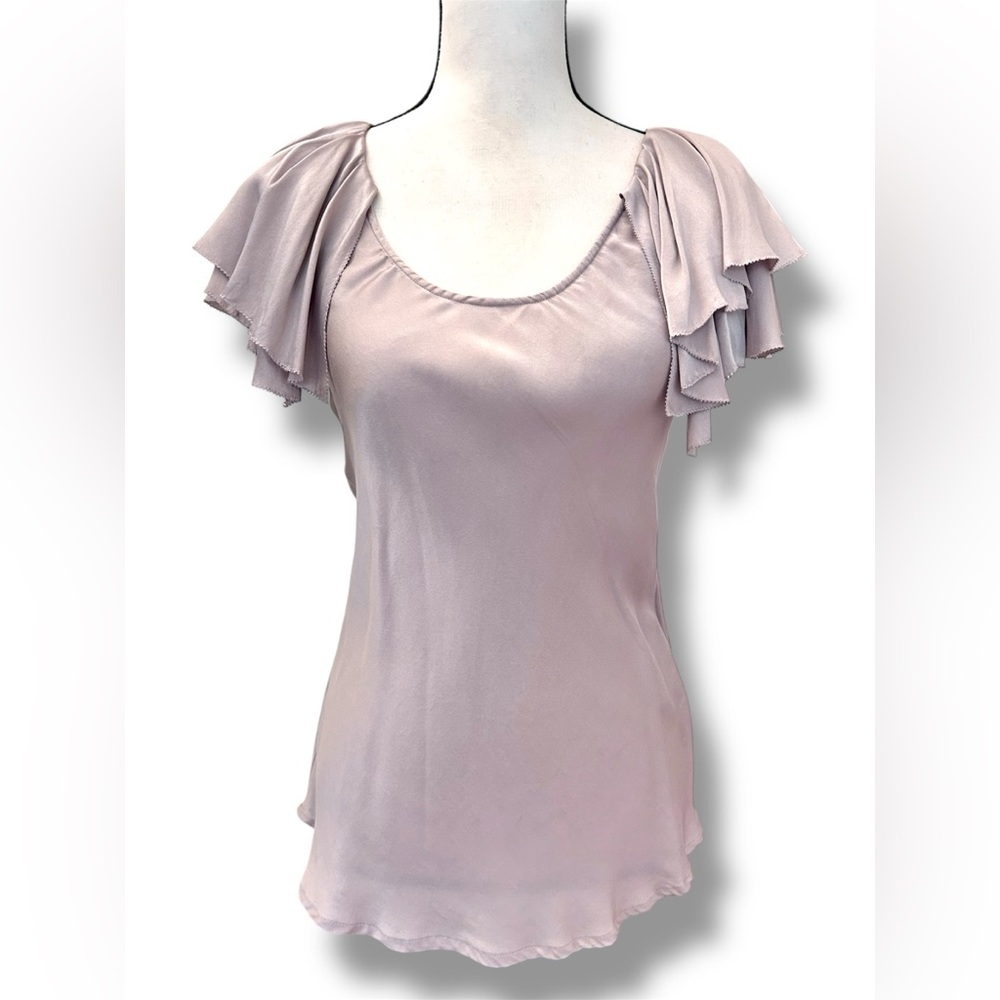 OJAY Size 6 Pale Lavender 100% SILK Top CASCADING SHORT RUFFLE SLEEVES